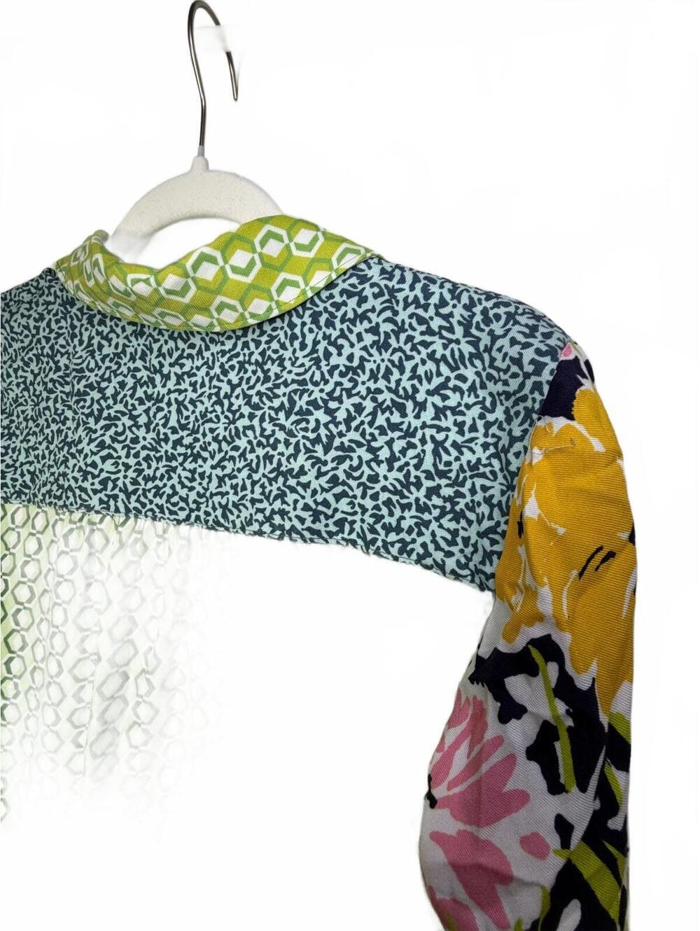 Maeve Paz Patchwork Print Button Down Blouse Green Floral Dog Small - Picture 7 of 7